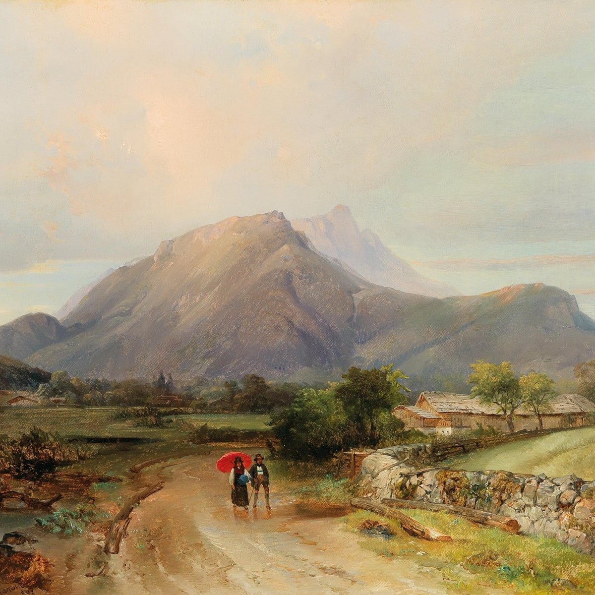 Landscape Oil Painting - Alpine Valley Path with Mountain Peak - Oil Painting Haven