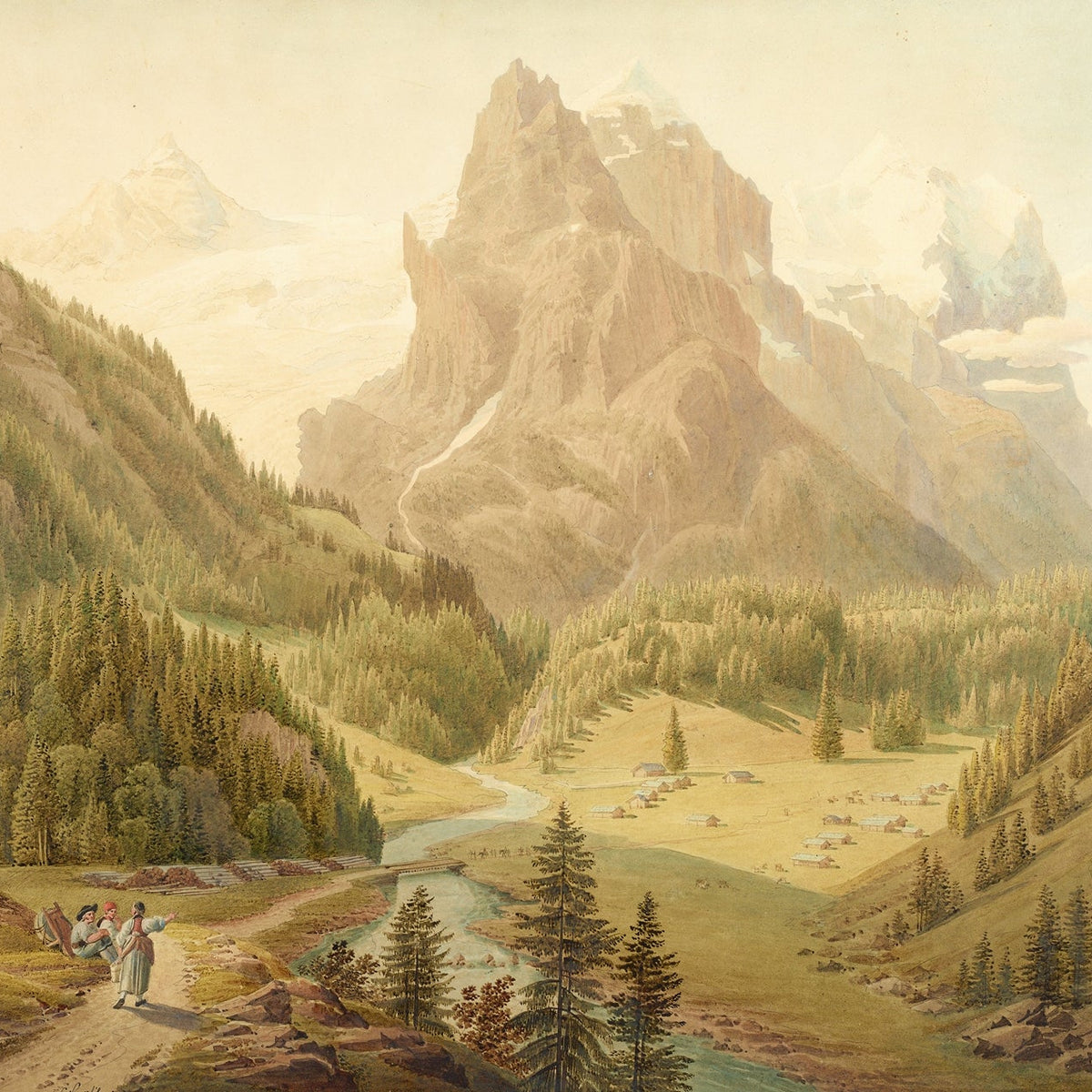 Hand-painted alpine valley, river and majestic peaks landscape oil painting on canvas