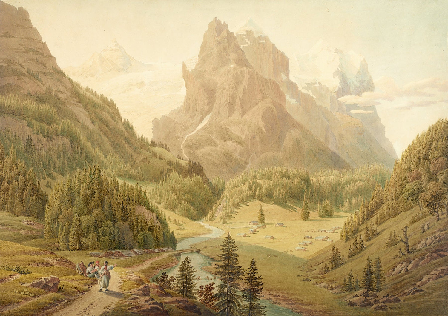 Landscape Oil Painting - Alpine Valley, River and Majestic Peaks - Oil Painting Haven