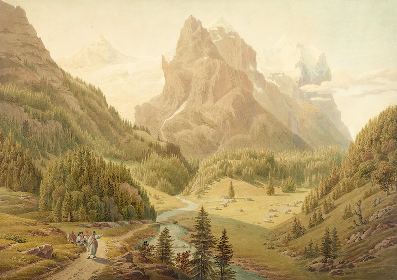 Hand-painted alpine valley, river and majestic peaks landscape oil painting on canvas