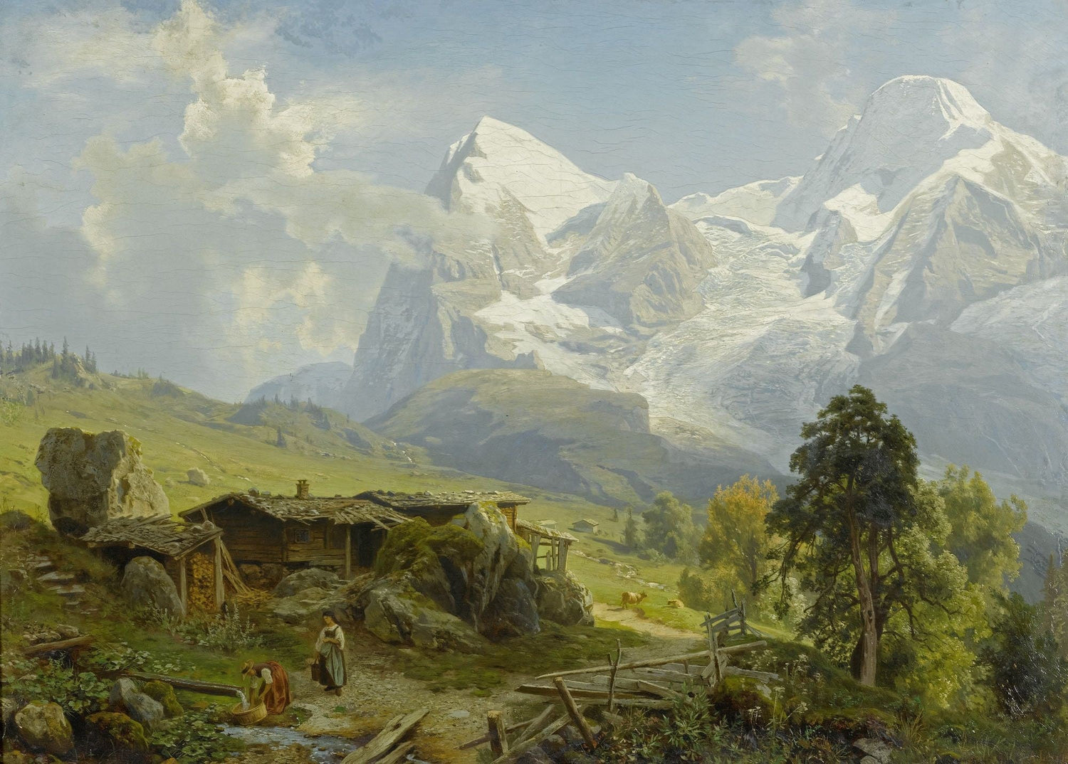 Landscape Oil Painting - Alpine valley & snow - capped peaks - Oil Painting Haven