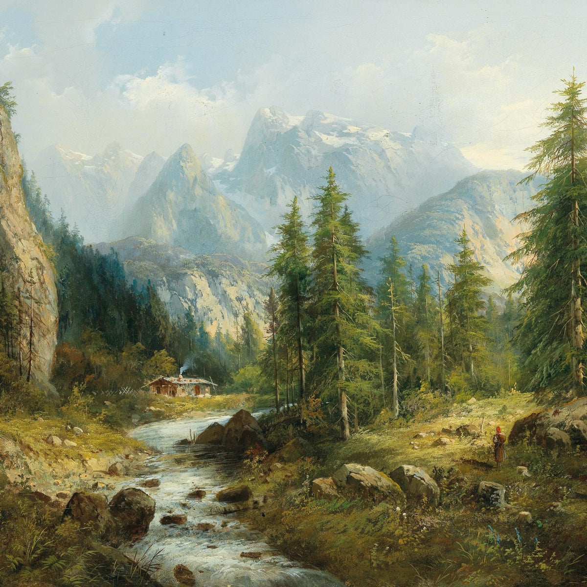 Hand-painted alpine valley stream and tall pine forest landscape oil painting on canvas