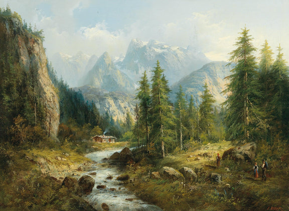 Hand-painted alpine valley stream and tall pine forest landscape oil painting on canvas