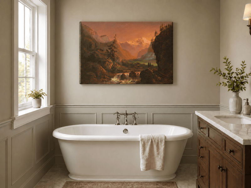 Peinture à l'huile de paysage - Coucher de soleil sur la vallée alpine