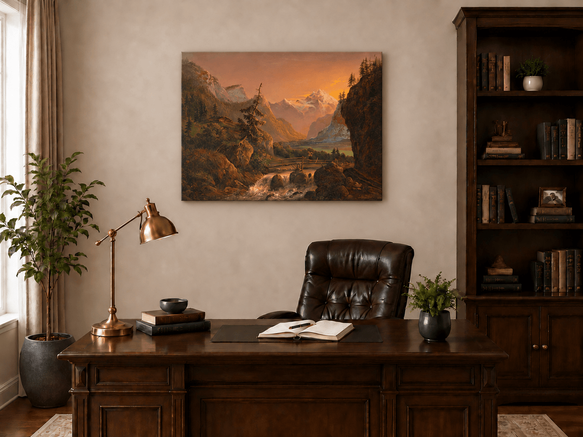 Peinture à l'huile de paysage - Coucher de soleil sur la vallée alpine