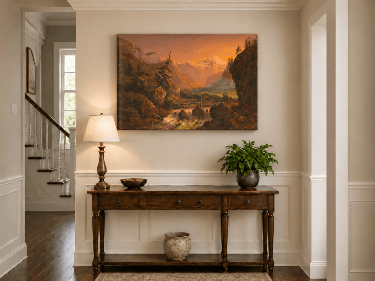 Peinture à l'huile de paysage - Coucher de soleil sur la vallée alpine