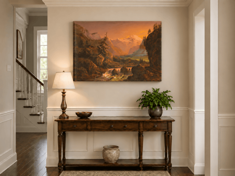 Peinture à l'huile de paysage - Coucher de soleil sur la vallée alpine