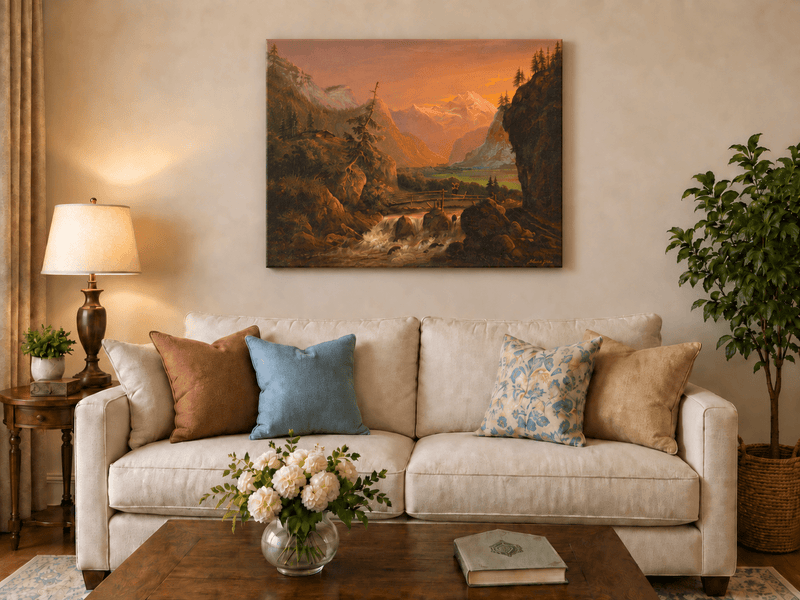 Peinture à l'huile de paysage - Coucher de soleil sur la vallée alpine