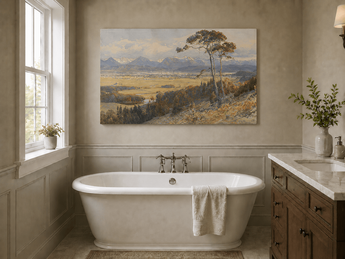 Landscape Oil Painting - Alpine Valley Town and Distant Peaks