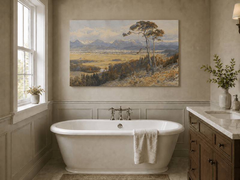 Landscape Oil Painting - Alpine Valley Town and Distant Peaks
