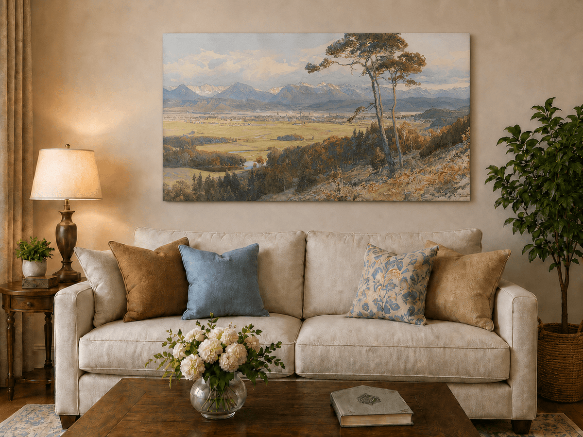 Landscape Oil Painting - Alpine Valley Town and Distant Peaks
