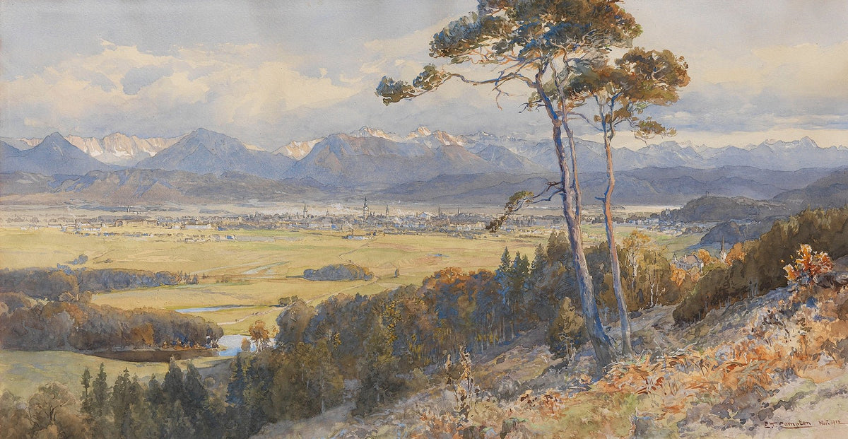 Hand-painted alpine valley town and distant peaks landscape oil painting on canvas
