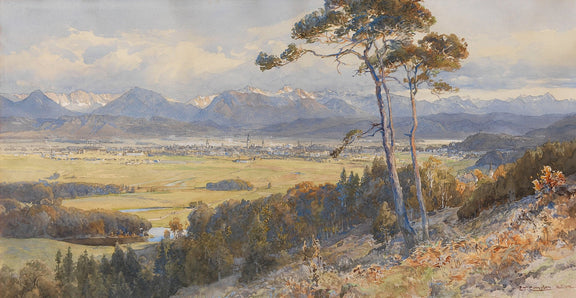 Hand-painted alpine valley town and distant peaks landscape oil painting on canvas