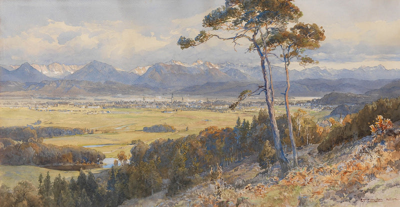 Hand-painted alpine valley town and distant peaks landscape oil painting on canvas