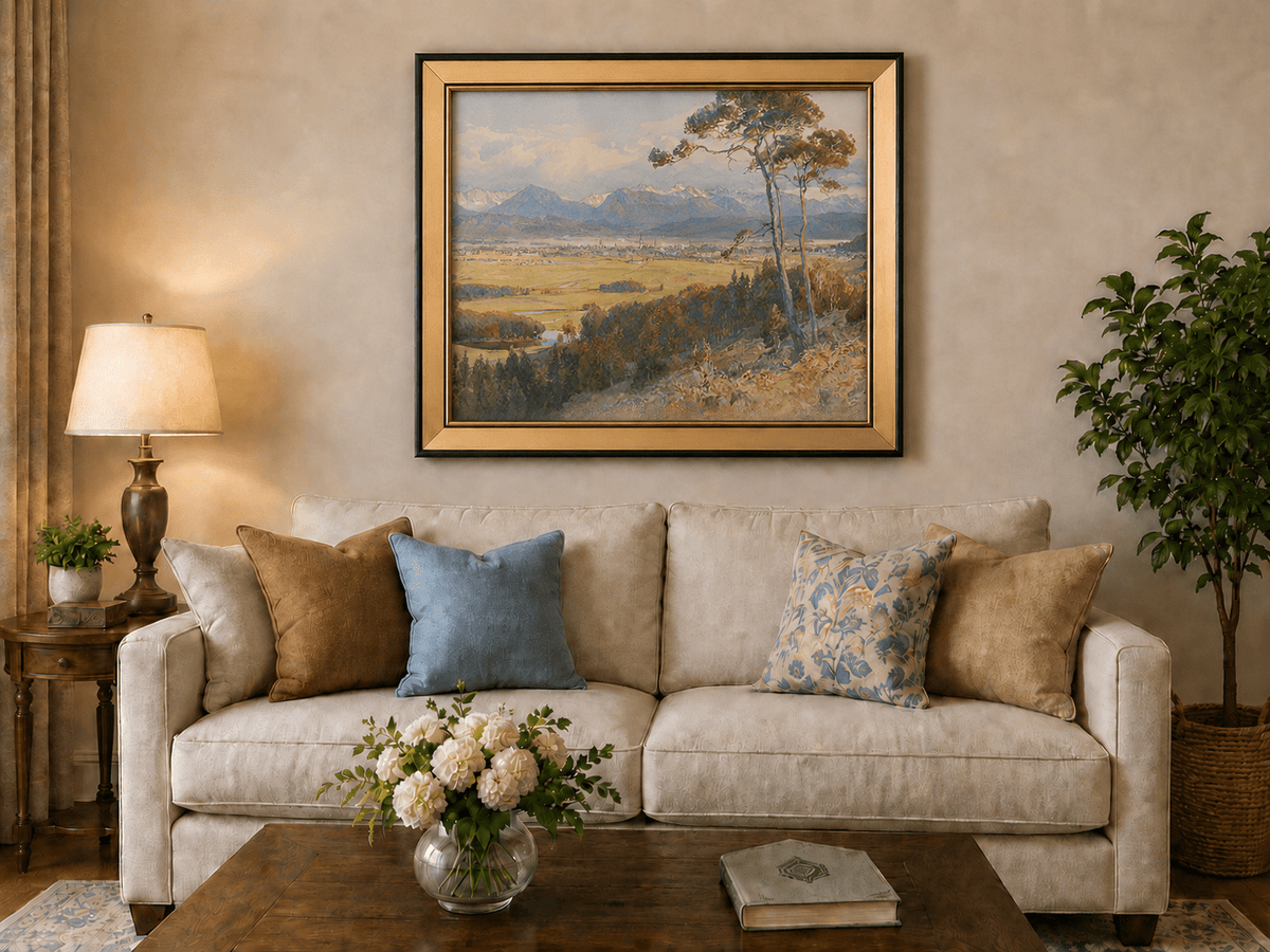 Landscape Oil Painting - Alpine Valley Town and Distant Peaks