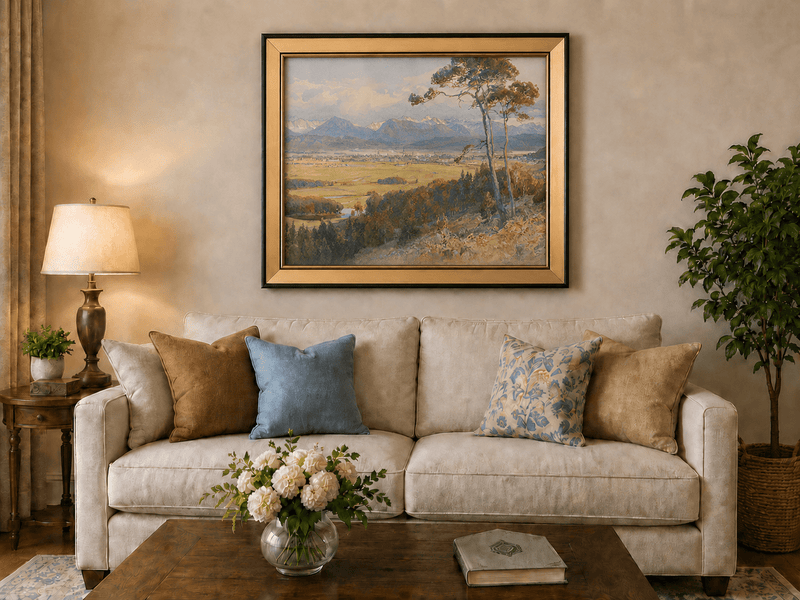 Landscape Oil Painting - Alpine Valley Town and Distant Peaks