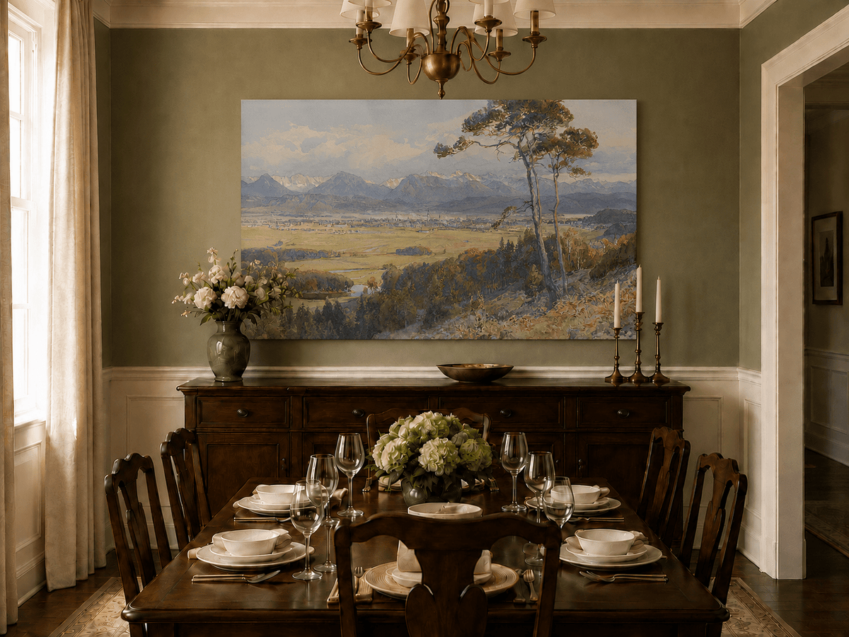 Landscape Oil Painting - Alpine Valley Town and Distant Peaks