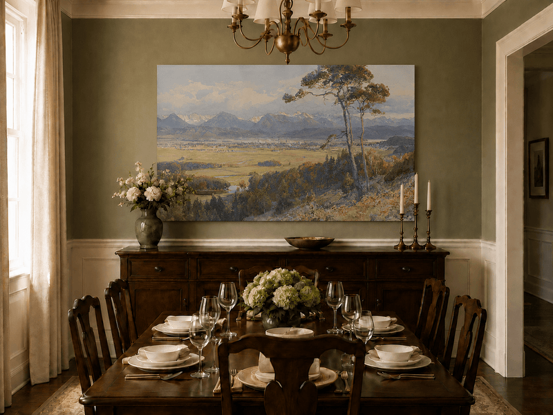 Landscape Oil Painting - Alpine Valley Town and Distant Peaks
