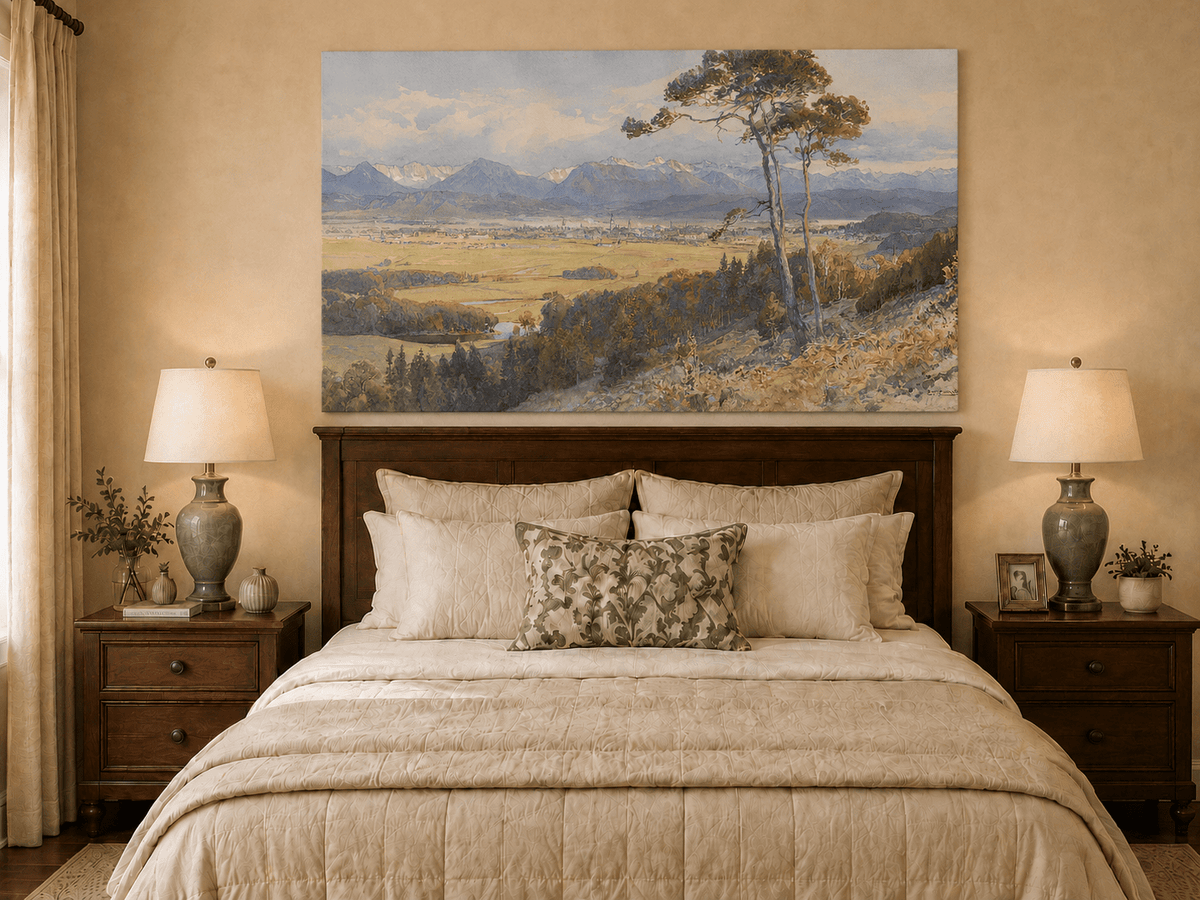 Landscape Oil Painting - Alpine Valley Town and Distant Peaks
