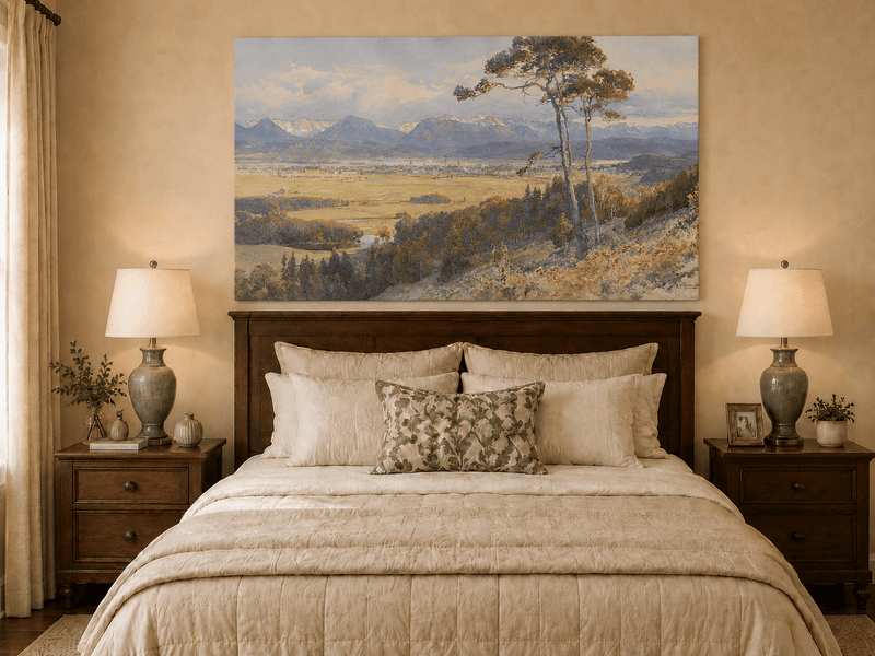 Landscape Oil Painting - Alpine Valley Town and Distant Peaks