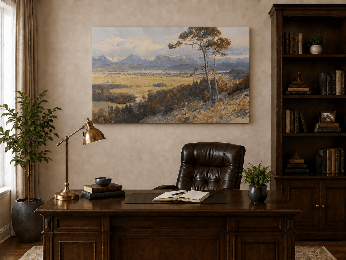 Landscape Oil Painting - Alpine Valley Town and Distant Peaks