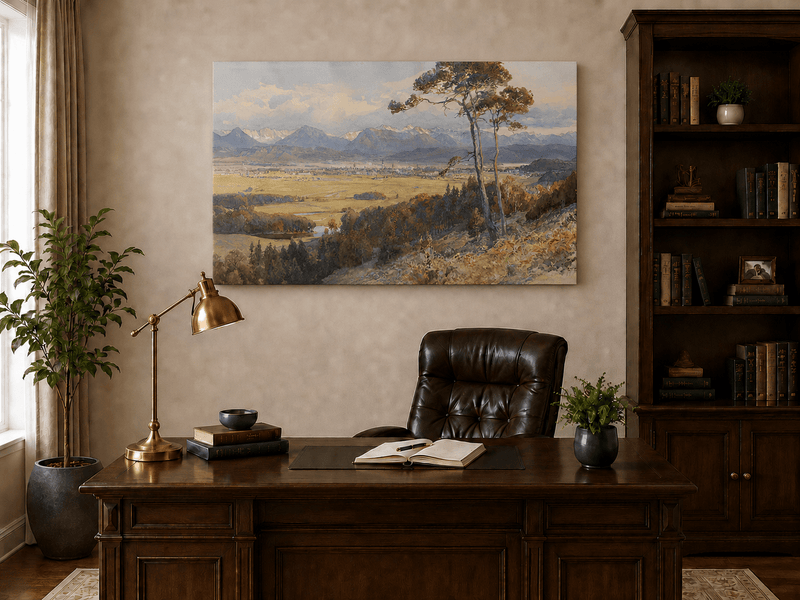 Landscape Oil Painting - Alpine Valley Town and Distant Peaks