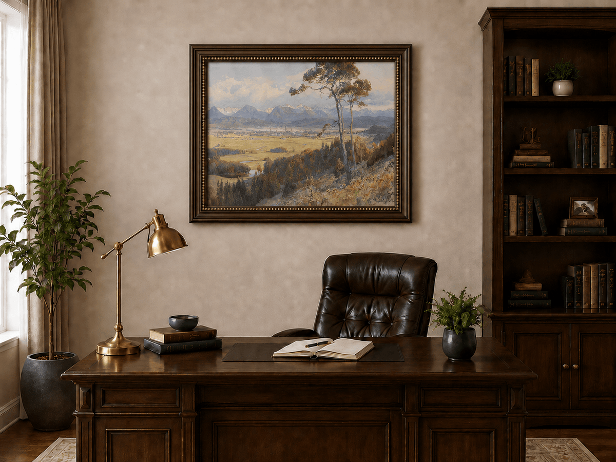 Landscape Oil Painting - Alpine Valley Town and Distant Peaks