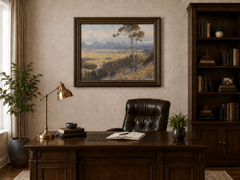 Landscape Oil Painting - Alpine Valley Town and Distant Peaks