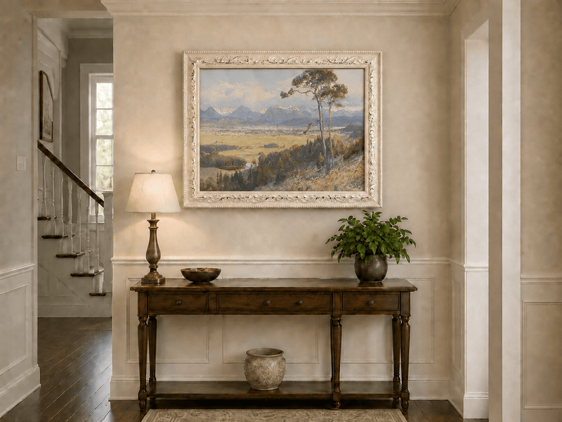 Landscape Oil Painting - Alpine Valley Town and Distant Peaks