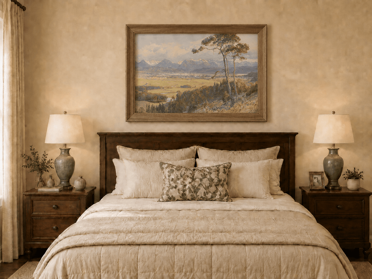 Landscape Oil Painting - Alpine Valley Town and Distant Peaks
