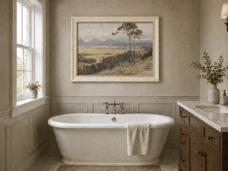 Landscape Oil Painting - Alpine Valley Town and Distant Peaks