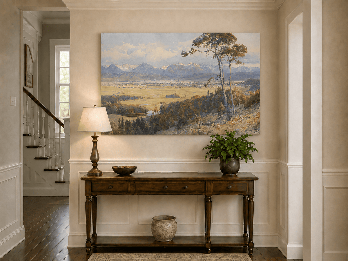 Landscape Oil Painting - Alpine Valley Town and Distant Peaks