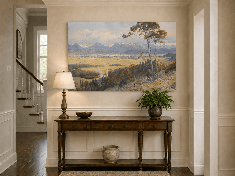 Landscape Oil Painting - Alpine Valley Town and Distant Peaks