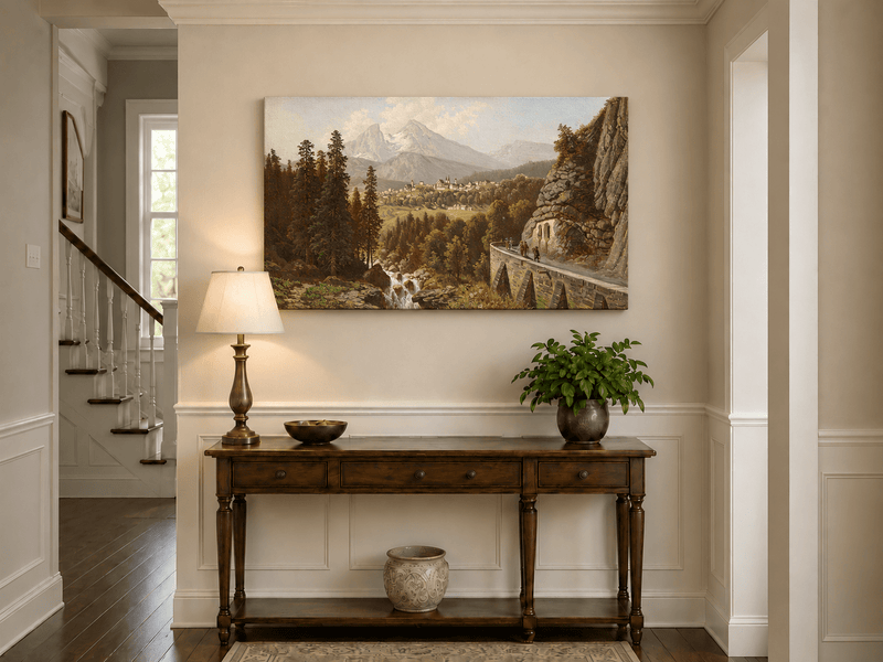 Pintura al óleo de paisaje: pueblo en un valle alpino