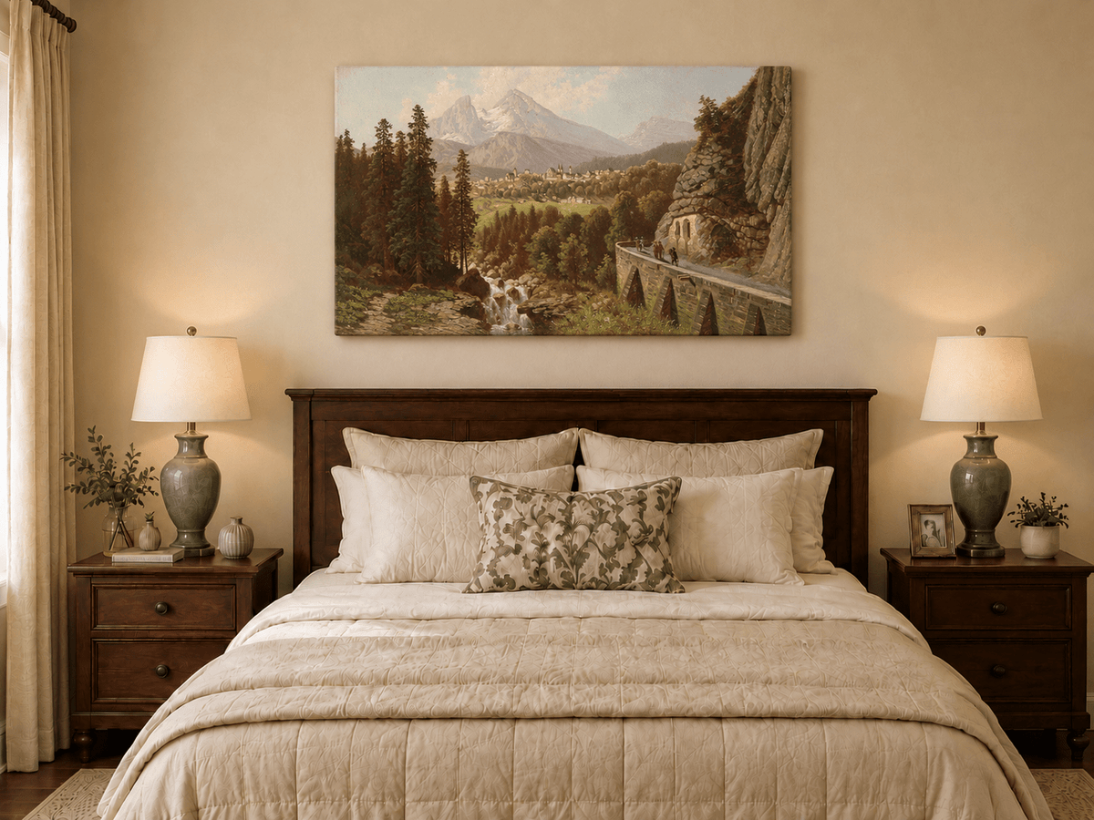 Pintura al óleo de paisaje: pueblo en un valle alpino