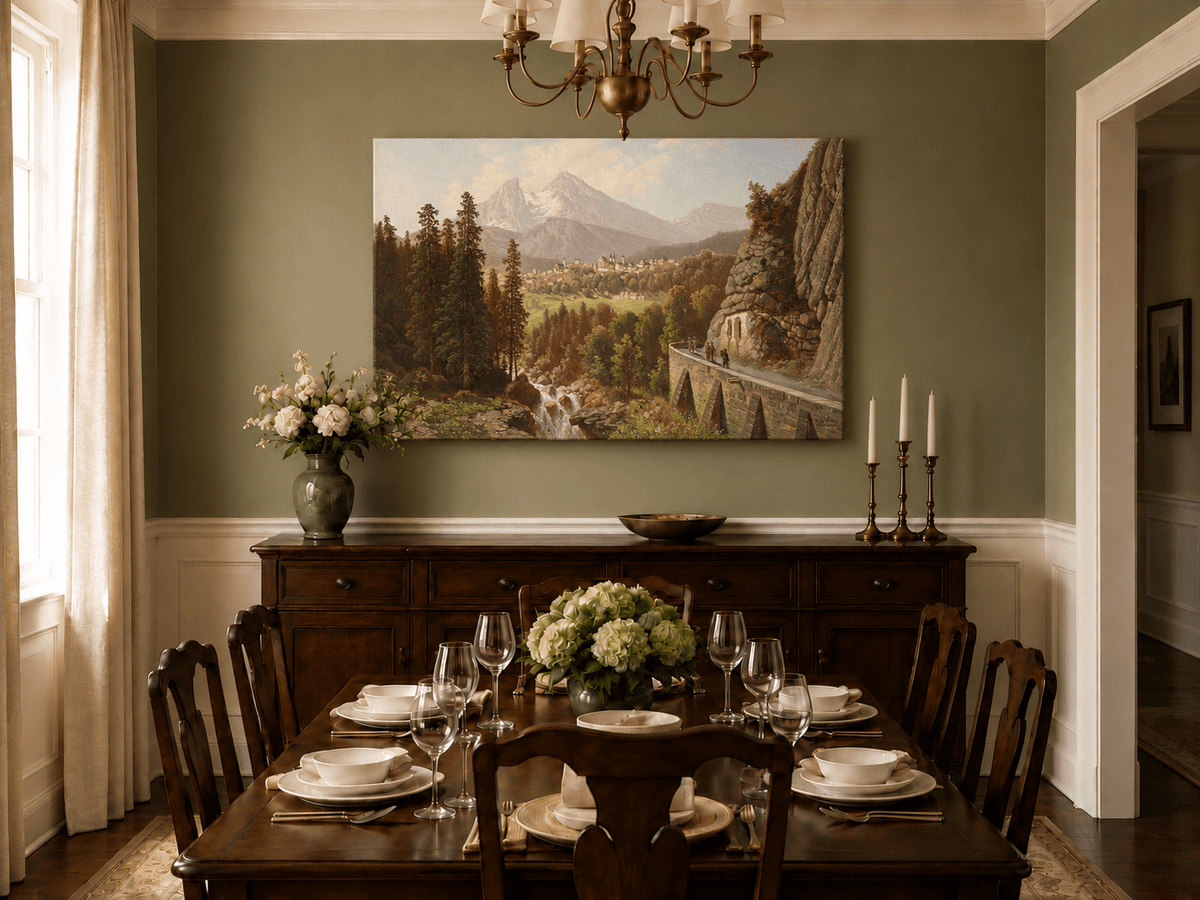 Pintura al óleo de paisaje: pueblo en un valle alpino