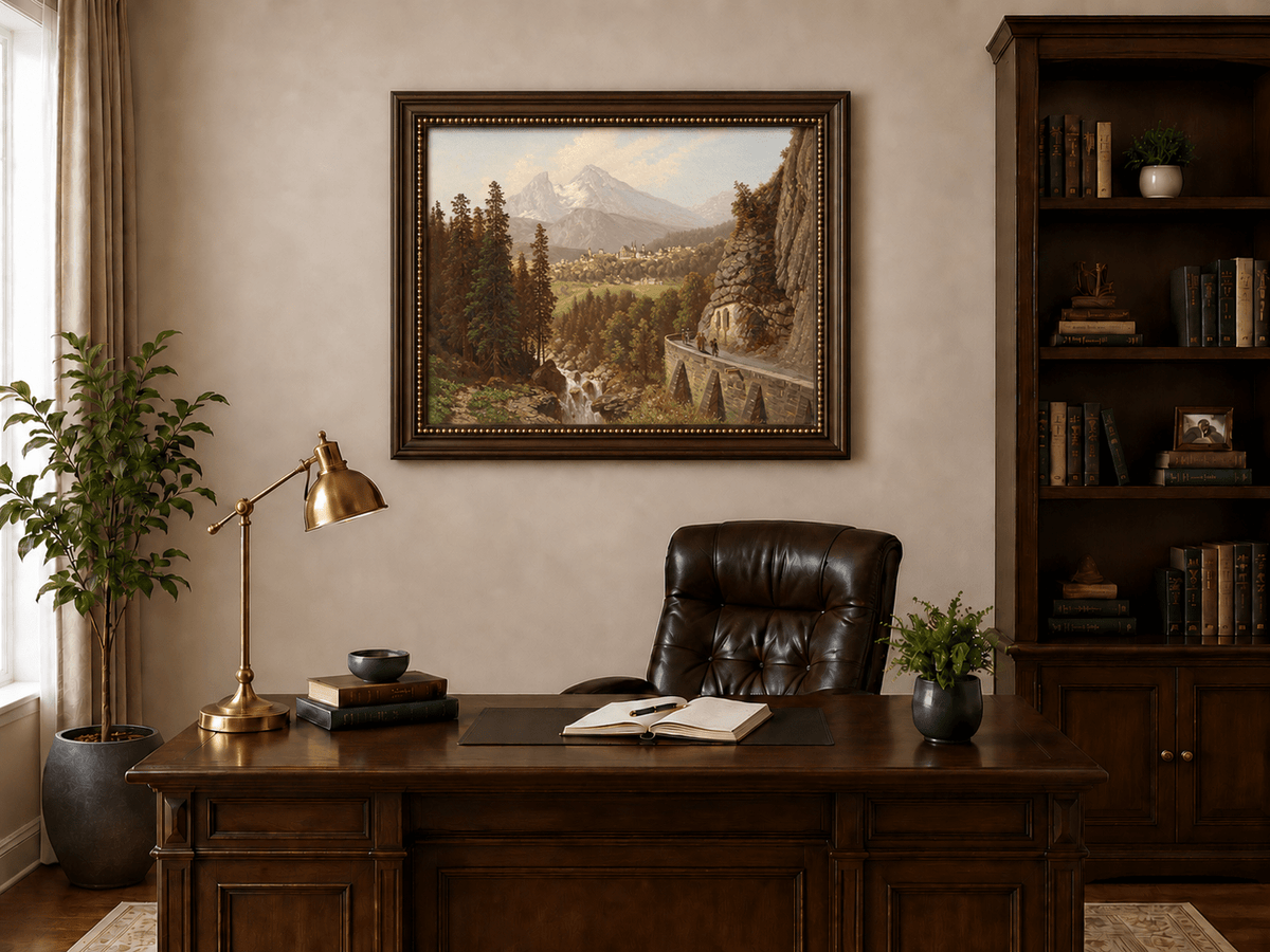 Pintura al óleo de paisaje: pueblo en un valle alpino