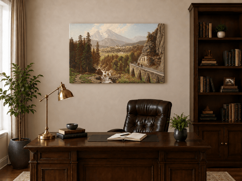 Pintura al óleo de paisaje: pueblo en un valle alpino