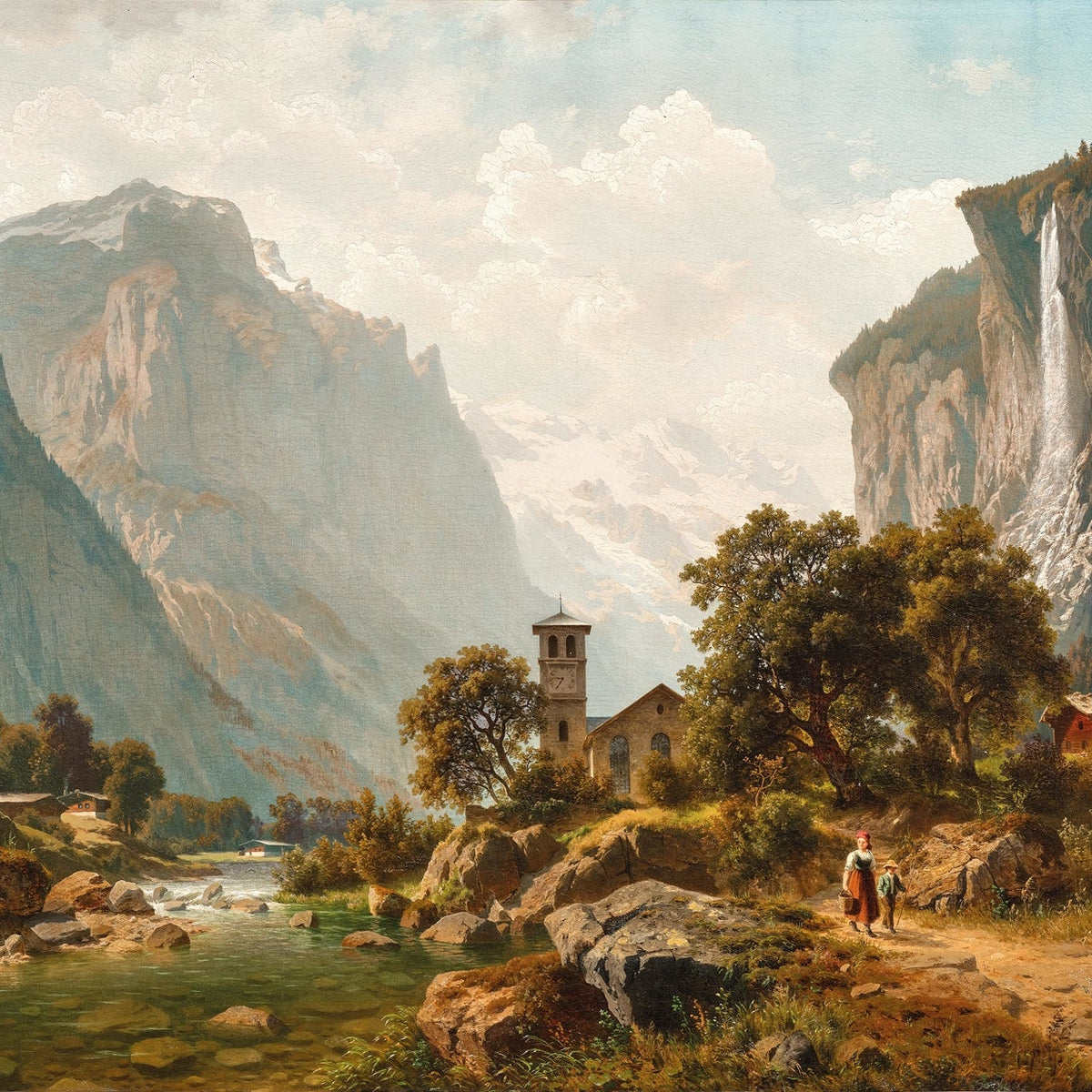 Hand-painted alpine valley, waterfall and church landscape oil painting on canvas