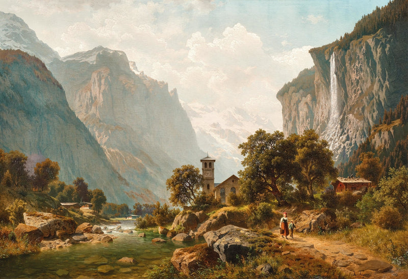Hand-painted alpine valley, waterfall and church landscape oil painting on canvas