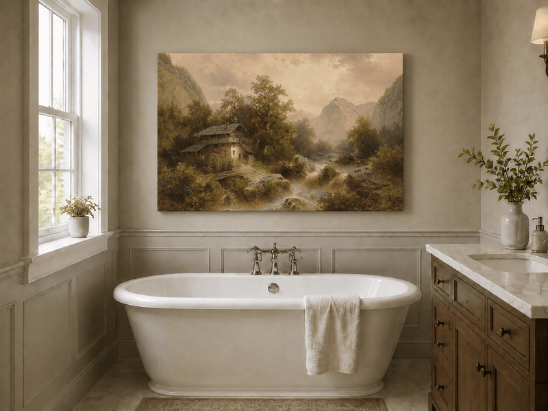 Peinture à l'huile de paysage - Moulin et chalet dans une vallée alpine