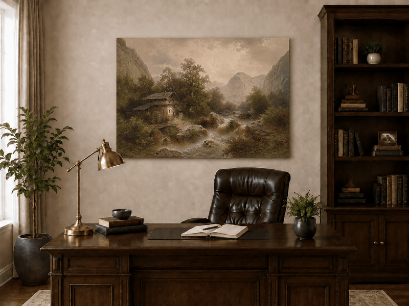 Peinture à l'huile de paysage - Moulin et chalet dans une vallée alpine