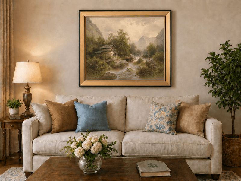 Peinture à l'huile de paysage - Moulin et chalet dans une vallée alpine