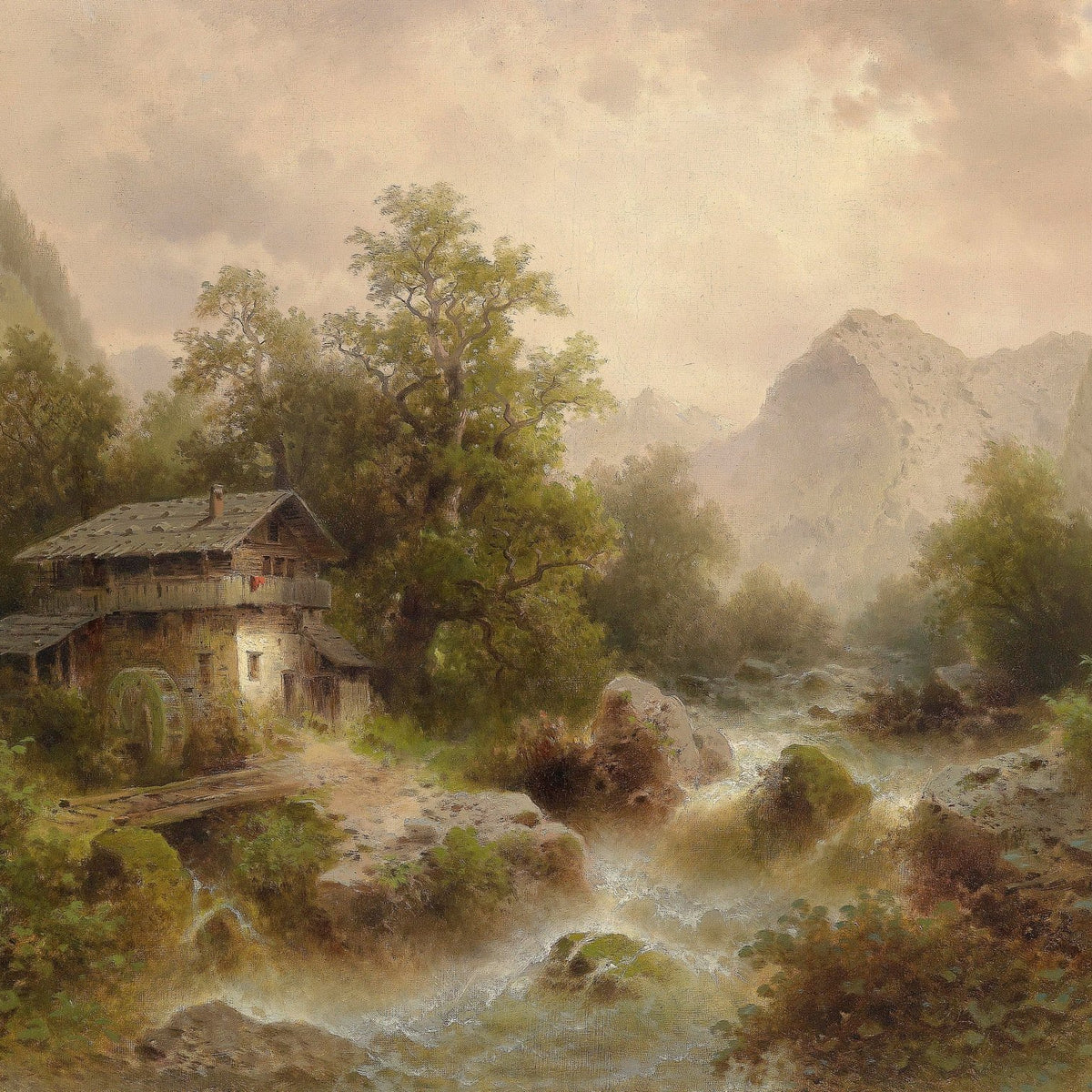 Landscape Oil Painting - Alpine Valley Watermill Cottage: Rushing Stream - Oil Painting Haven