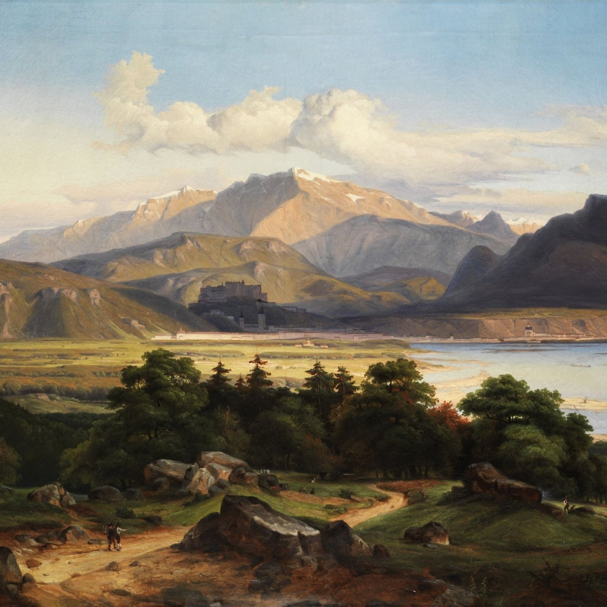 Landscape Oil Painting - Alpine Valley with Castle and Lake View - Oil Painting Haven