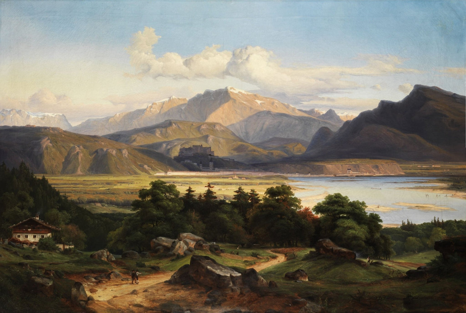Hand-painted alpine valley with castle and lake view landscape oil painting on canvas