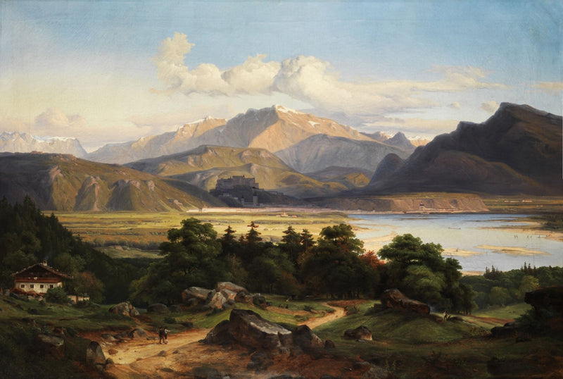 Landscape Oil Painting - Alpine Valley with Castle and Lake View - Oil Painting Haven