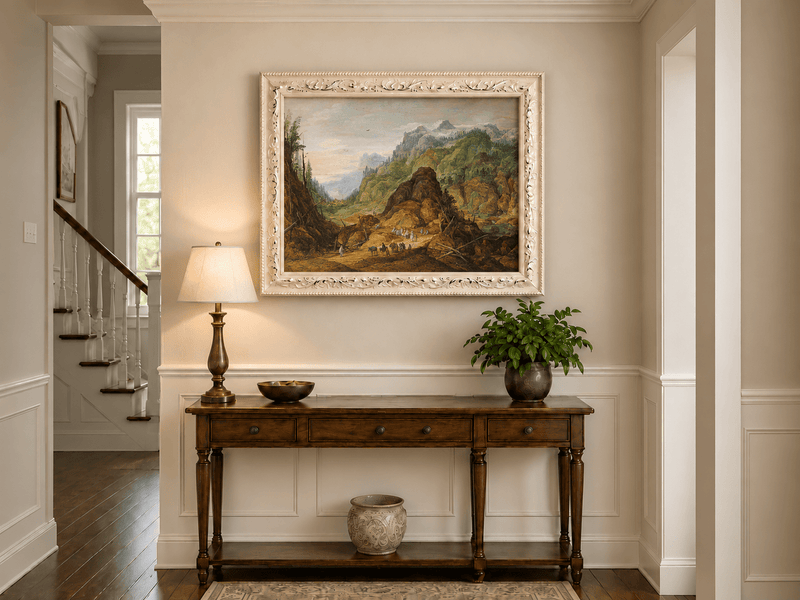 Landscape Oil Painting - Alpine Valley with Travelers and Peaks