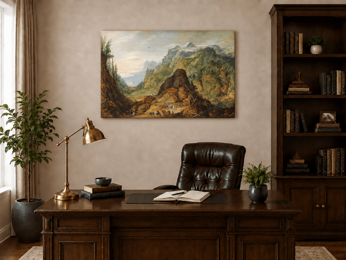 Landscape Oil Painting - Alpine Valley with Travelers and Peaks