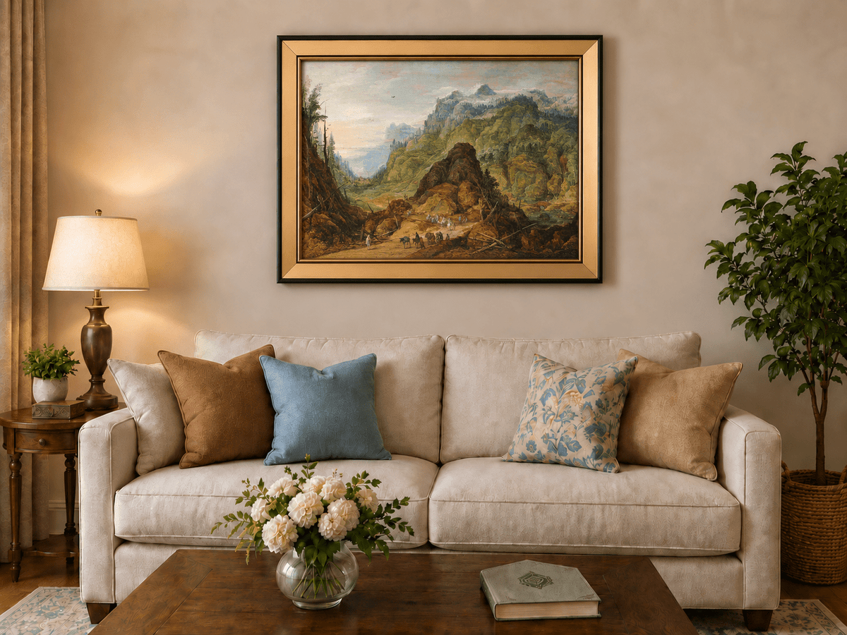 Landscape Oil Painting - Alpine Valley with Travelers and Peaks